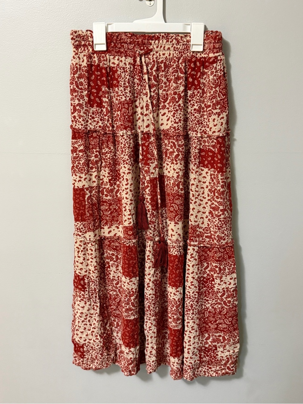 Dress Forum Los Angeles S Red Cream Patchwork Paisley Tiered Boho Maxi Skirt